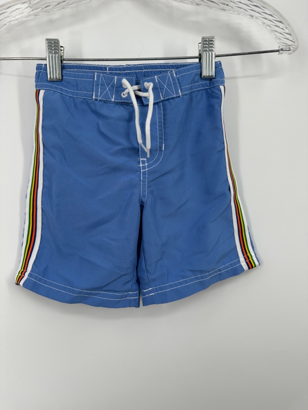 Janie and Jack Blue Swim Trunks with Rainbow Side Stripes